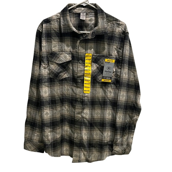Hurley‎ Regular Fit Long Sleeve Flannel Shirt Medium Gray Plaid Pocket Flaps NWT - Picture 2 of 5